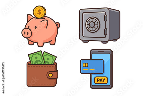 Vector illustrations of financial tools including piggy banks, safes, wallets with cash, and digital payment methods. Cartoon style finance icons on transparent background. Ordered set 1.