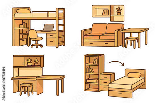 Innovative small space interior designs featuring multi-functional furniture for compact living, warm color palette, creative space-saving solutions, vector cartoon illustration set of 4