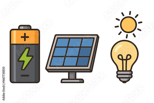 Renewable energy vector icon set. Solar panel, battery storage and light bulb. Green power, sun electricity generation, sustainability concept. Clean eco technology cartoon.