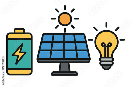 Renewable energy vector concept with solar panel, battery storage, and light bulb. Green power, sustainable technology, ecology, and electricity generation illustration.
