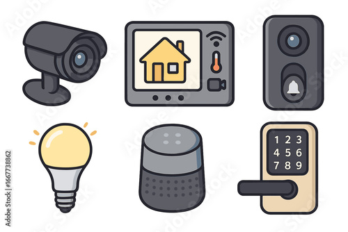 Modern smart home devices set enhancing home security and convenience with surveillance camera, video doorbell, smart thermostat, digital lock, smart speaker, and LED bulb, vector cartoon illustration