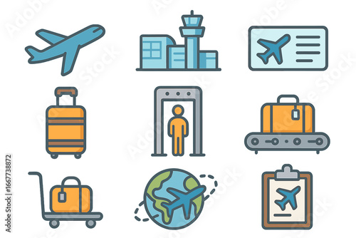 Travel icons depicting airport elements, luggage, airplane, boarding pass, security checkpoint, baggage handling, and global flight path design, vector cartoon illustration set