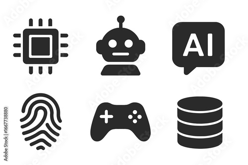 Technology solid icon set. Microchip, robot, AI, fingerprint, gaming, data symbols. Vector cartoon illustration. Computer, processor, database, security, futuristic concept.