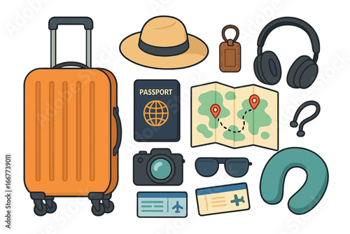 Travel essentials flat lay with orange luggage, passport, map, camera, sunglasses, headphones, tickets, hat, and travel accessories for trip planning and vacation preparation vector illustration