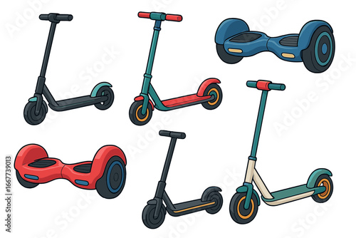Modern Electric Scooters and Hoverboards Collection in Various Shapes and Vibrant Colors, Stylish Vector Cartoon Illustration on Transparent Background for Urban Transport and Mobility