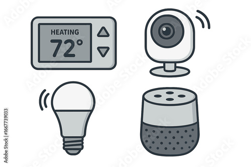 Modern smart home devices including thermostat set to 72 degrees, wireless security camera, smart LED light bulb, and compact smart speaker in a simple vector cartoon layout