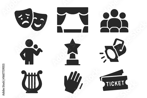 Theater solid icon set. Entertainment and cinema concept collection. Performance, stage, audience, masks, award, ticket and spotlight symbols. Vector glyph illustration.
