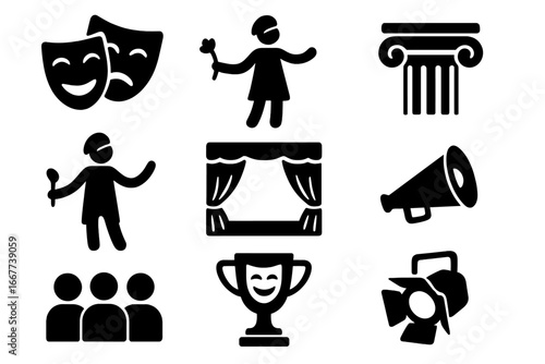 Theater and performance silhouette icon set. Drama, stage, and acting symbols. Vector collection with comedy and tragedy masks, spotlight, actor, audience, and award trophy.