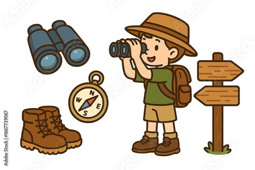 Boy explorer adventure set. Cute cartoon kid hiking with backpack and binoculars. Outdoor travel and camping icons. Compass, boots, trail sign for navigation concept.