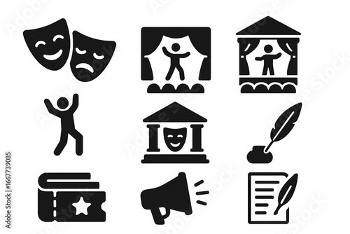 Theater and performing arts solid glyph icon set. Drama, stage, and performance concepts. Vector icons of comedy and tragedy masks, actor, tickets, and playwright script.