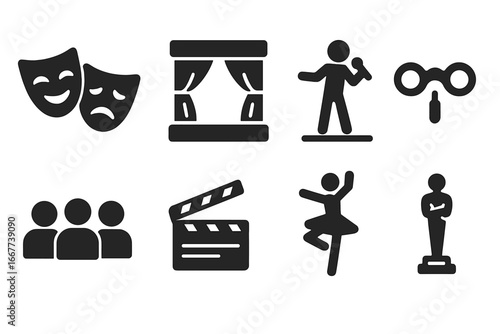 Performing arts and theater solid icon set. Entertainment, drama, and cinema symbols. Vector collection with masks, stage, singer, award, clapperboard, and ballet dancer.