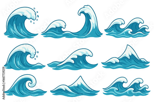 Unique collection of wave illustrations in diverse shapes and dynamic styles for creative design projects, vector cartoon art set on transparent background, ocean water splashes and curls