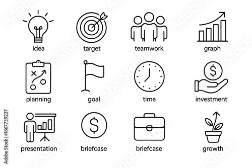 Set of minimalistic line style web icons depicting essential business activities, planning tools, startup concepts, teamwork, investment, growth, and digital project management vector illustration