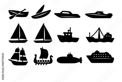 Nautical transport silhouette icon set. Boat, ship, and watercraft vector collection. Sailboat, speedboat, cruise ship, submarine, Viking longship. Sea travel vehicle graphics.