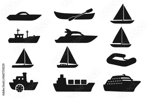 Nautical transport icon set. Boat and ship silhouette collection. Vector graphics of various watercraft: sailboat, yacht, cruise liner, cargo ship, fishing boat, canoe, ferry.