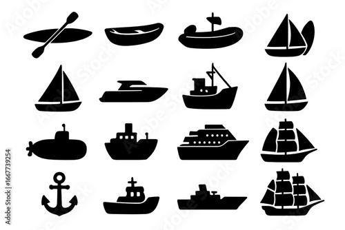 Nautical transport icon set. Boat and ship silhouette collection. Vector graphic symbols of cruise ship, yacht, sailboat, submarine, cargo vessel, fishing boat, and anchor.