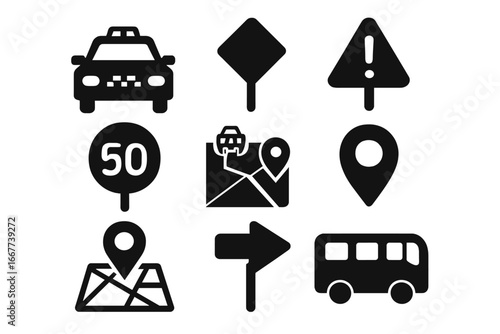 Transportation silhouette icon set. Taxi, bus, road signs, navigation symbols. Map pin, location marker, speed limit, warning sign, direction arrow. Solid glyph vector collection.