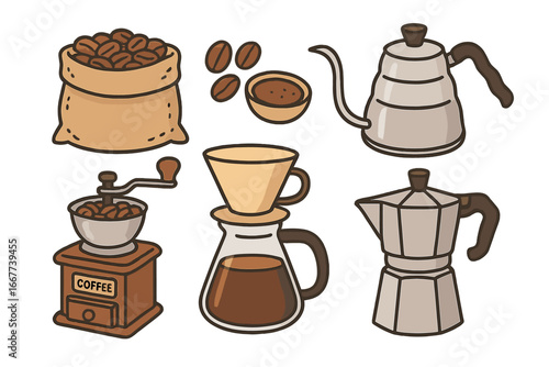 Variety of coffee beans, ground coffee, manual coffee grinders, pour-over drip coffee makers, moka pots, and kettles for brewing techniques, vector cartoon illustration on white background