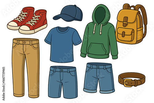 Men's casual clothes and fashion accessories set. Vector cartoon illustration of apparel collection. T-shirt, hoodie, jeans, shorts, pants, sneakers, cap, and backpack.