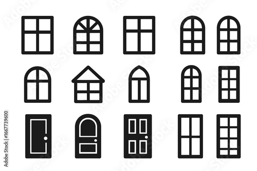 Window and door silhouette icon set. Minimalist home design element collection. Vector graphic for architecture, building exterior or interior. House construction concept.