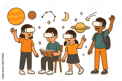 Students Exploring the Wonders of the Universe with Virtual Reality Headsets in an Educational Setting, Space Learning, Science Technology, Astronomy Concept Vector Cartoon Illustration