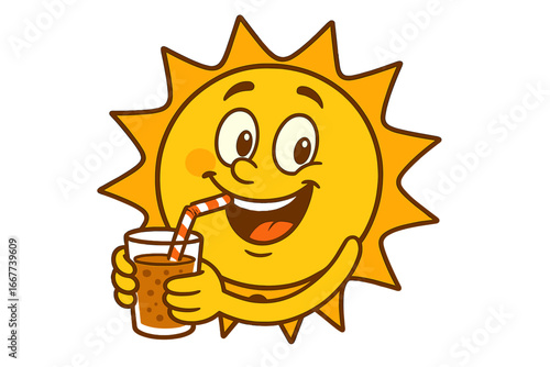 Cheerful Sunny Character Enjoying a Refreshing Drink, Smiling and Relaxed, Playful Summer Fun Cartoon Illustration, Bright and Happy Vector Graphic on Transparent Background