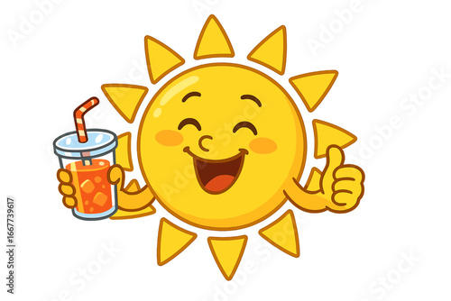 Cheerful sunny character enjoying a refreshing cold drink, smiling happily, summer fun and relaxation concept, bright cartoon sun with beverage, vector illustration