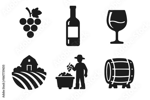 Winemaking vector icon set with black silhouettes. Wine production symbols: grapes, bottle, glass, vineyard landscape, grape harvesting, and an oak barrel for aging. Alcohol.