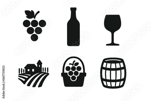 Wine production silhouette icon set. Vector winery and vineyard symbols collection. Grapes, bottle, glass, barrel, harvest basket. Winemaking logo or pictogram elements for design.