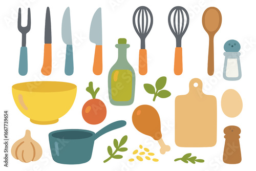 Colorful minimalist kitchen utensils and fresh ingredients vector, cooking tools, culinary design elements, food preparation icons, kitchenware illustration, cooking creativity