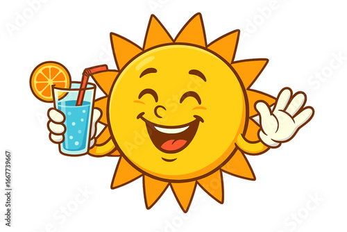 Cheerful Sunny Character Enjoying a Refreshing Drink with Orange Slice and Straw, Cartoon Summer Sun Icon for Relaxation, Happiness, and Warm Weather Fun Vector Illustration