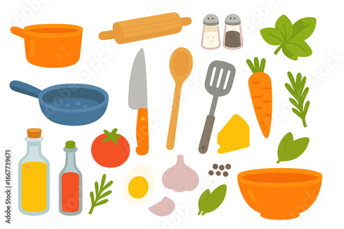 Colorful kitchen utensils and fresh ingredients in a minimalist vector cartoon layout, perfect for cooking, culinary inspiration, food preparation, and recipe design