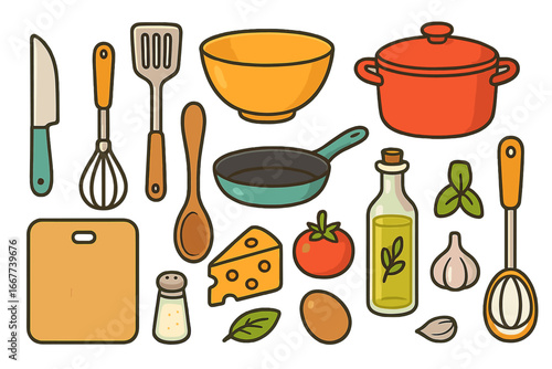 Colorful kitchen utensils and ingredients set in a minimalist cartoon style, perfect for culinary design, cooking creativity, food preparation, and kitchen themes vector illustration