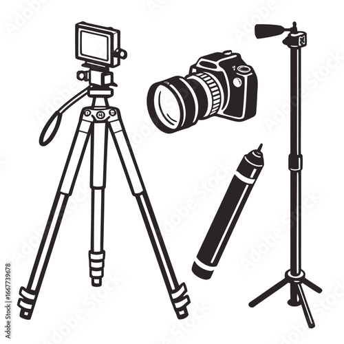 Camera equipment collection tripod monopod