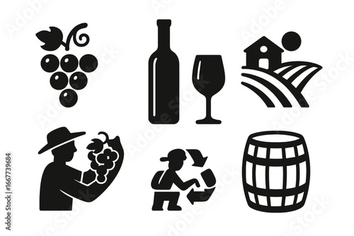 Wine production silhouette icon set. Viticulture and winemaking concept. Grapes, bottle, glass, vineyard, harvest, barrel, cellar, recycling. Agriculture vector icons.