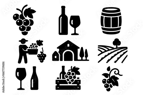 Wine and vineyard silhouette icon set. Grapes, harvest, winery, and winemaking collection. Vector glyphs for viticulture, oenology, agriculture, and beverage concepts.