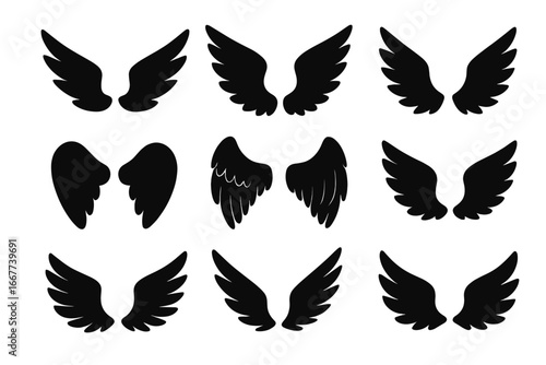 Wings silhouette icon set. Angel, bird, or devil wings collection. Vector graphic element for logo, tattoo, emblem. Black feathered wings symbol of flight and freedom.