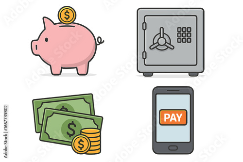 Vector Illustrations of Financial Tools Featuring Piggy Banks, Safes, Cash, Coins, and Digital Payment Methods. Cartoon Style Set of 4 Transparent Background Icons for Banking and Money Management.