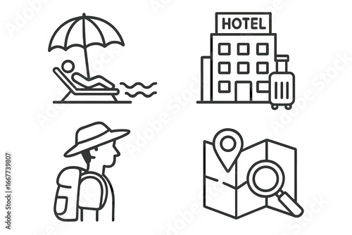 Travel icons depicting vacation activities including beach relaxation, hotel stays, hiking adventures, and map exploration in a minimalist vector cartoon style on transparent background