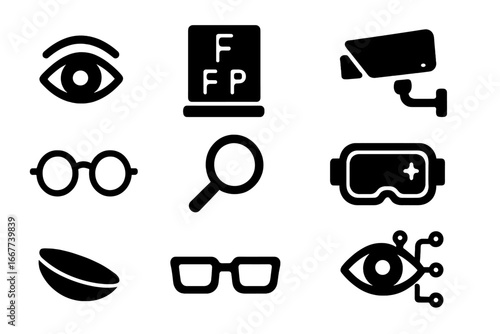 Vision and Eyewear Icon Set, Solid Black Silhouettes of Eye, Glasses, Magnifier, Contact Lens, VR Goggles, CCTV Camera, and AI Eye Technology, Vector Cartoon Collection with Transparent Background