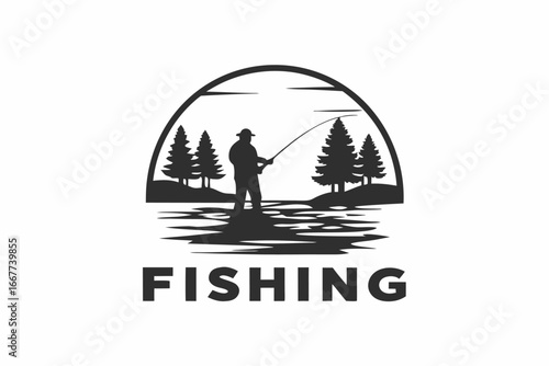 Rivers Logo with Silhouette Fisherman and Sun on white