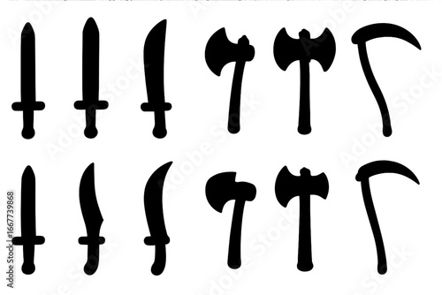 Silhouette weapon icon set with swords, axes, scythes, and knives collection in flat vector style, cartoon illustration, transparent background, medieval and fantasy arsenal elements