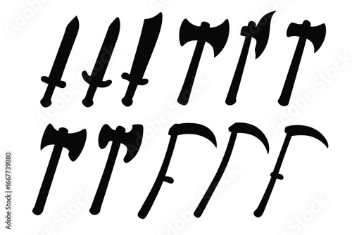 Weapon silhouette icon set with swords, axes, and scythes. Vector cartoon illustration collection of medieval melee weapons in silhouette style with transparent background, ordered set 2