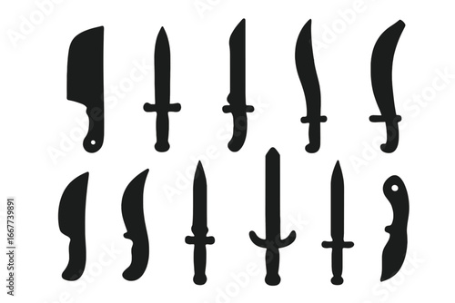 Sleek weapon silhouette icon set featuring knives, swords, and daggers in modern vector style, transparent background illustration, ordered weapon collection