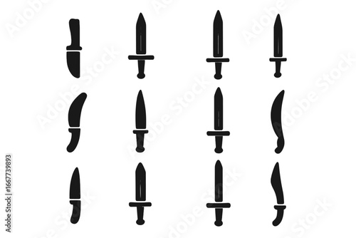 Weapon silhouette icon set featuring knives, swords, and daggers in sleek modern style, vector cartoon illustration on transparent background, ordered set of sharp blade icons