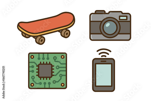 Vector icon set of modern gadgets and hobbies. Skateboard for sport and leisure, camera for photography, smartphone with wifi, and a cpu circuit board for technology concepts.
