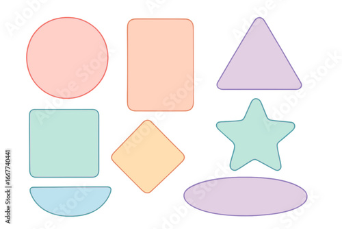 Various geometric shapes with translucent pastel hues arranged artistically, including circle, square, triangle, star, and oval for design projects, vector cartoon illustration transparent