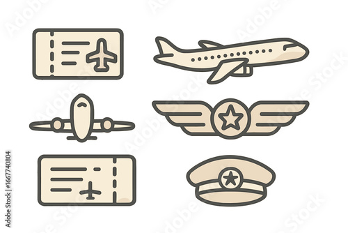 Minimalist air travel symbols vector set including airplane tickets, commercial planes, pilot wings, and captain hat icons in cartoon style on transparent background