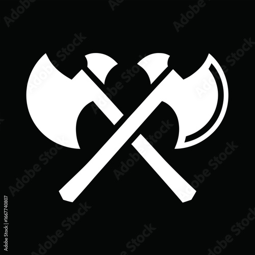 Black background crossed axes logo vector, perfect for outdoor exploration emblems, hiking insignias, lumberjack badges, and adventure branding.