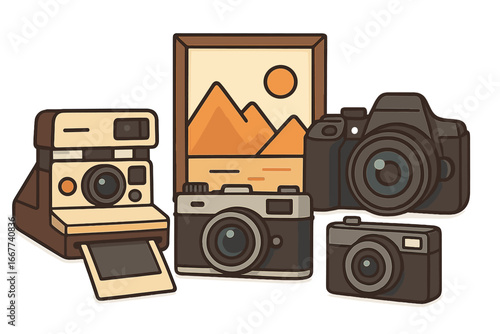 Various types of vintage and modern cameras with framed mountain landscape artwork, creative photography tools, photo art inspiration, vector cartoon illustration